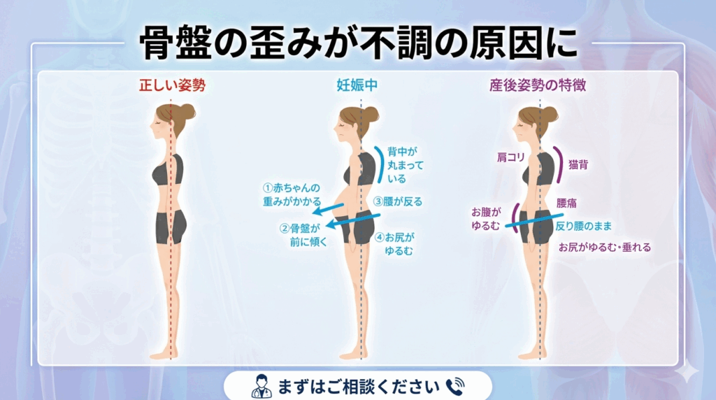 骨盤の歪みが不調の原因になることを説明した画像