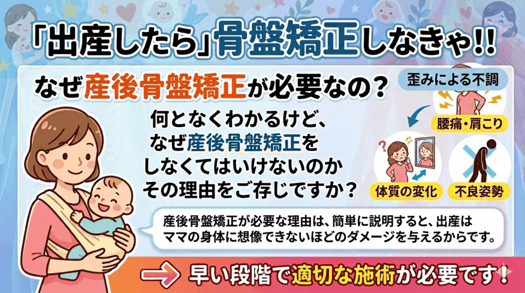 「出産したら」骨盤矯正しなきゃ!!
なぜ産後骨盤矯正が必要なの?
何となくわかるけど、なぜ産後骨盤矯正をしなくてはいけないのか
その理由をご存じですか?
産後骨盤矯正が必要な理由は、簡単に説明すると、出産はママの身体に想像できないほどののダメージを与えるからです。
腰痛・肩こり 体質の変化 不良姿勢
早い段階で適切な施術が必要です!