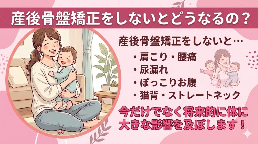 産後骨盤矯正をしないとどうなるかの説明の画像

産後骨盤矯正をしないと、、、

肩こり・腰痛　尿漏れ　ぽっこりお腹　猫背・ストレートネックなど

今だけでなく将来的に体に大きな影響を及ぼします！
