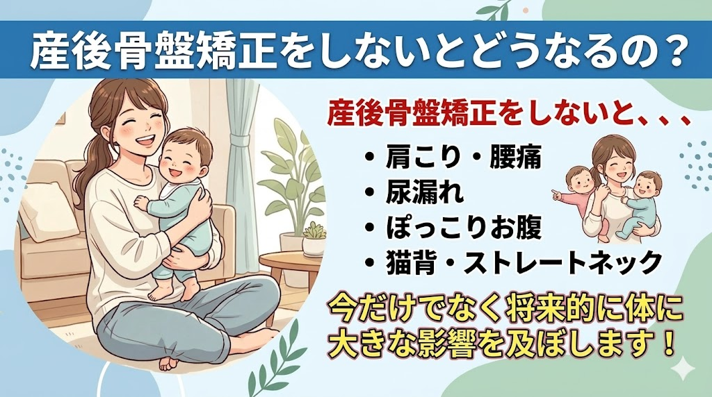産後骨盤矯正をしないとどうなるかの説明の画像
産後骨盤矯正をしないと、、、
肩こり・腰痛 尿漏れ ぽっこりお腹 猫背・ストレートネックなど
今だけでなく将来的に体に大きな影響を及ぼします!