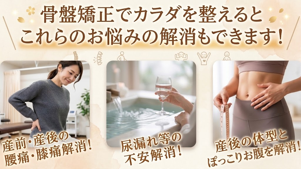 骨盤矯正で体を整えるとこれらのお悩みも解消できます
産前・産後の腰痛・膝痛解消
尿漏れ等不安解消
産後の体型とぽっこりお腹を解消!